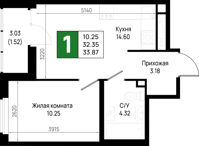 1-комнатная квартира, 33.87 м² в ЖК "Имена" - планировка, фото №1