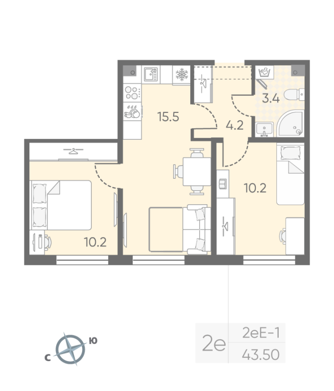 2-комнатная квартира, 43.5 м² - планировка, фото №1