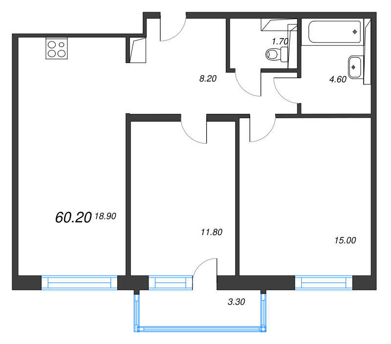 3-комнатная (Евро) квартира, 60.2 м² в ЖК "Руднева 15" - планировка, фото №1