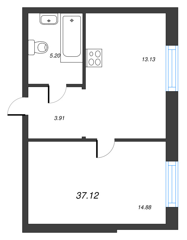 1-комнатная квартира, 37.12 м² - планировка, фото №1
