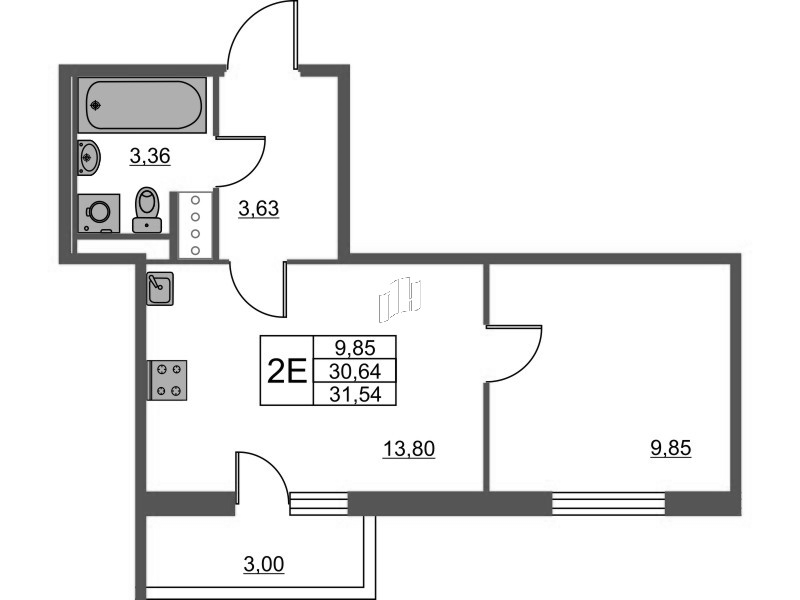 2-комнатная (Евро) квартира, 31.54 м² - планировка, фото №1