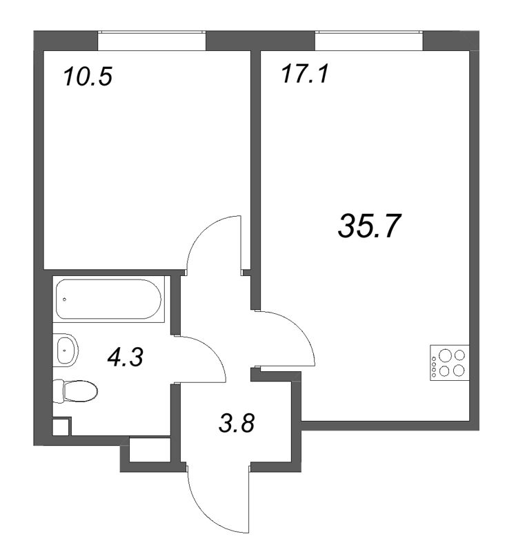 2-комнатная (Евро) квартира, 35.7 м² в ЖК "Пулково Lake" - планировка, фото №1