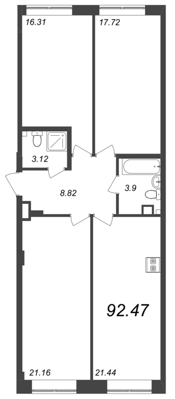 4-комнатная (Евро) квартира, 92.47 м² в ЖК "Neva Residence" - планировка, фото №1