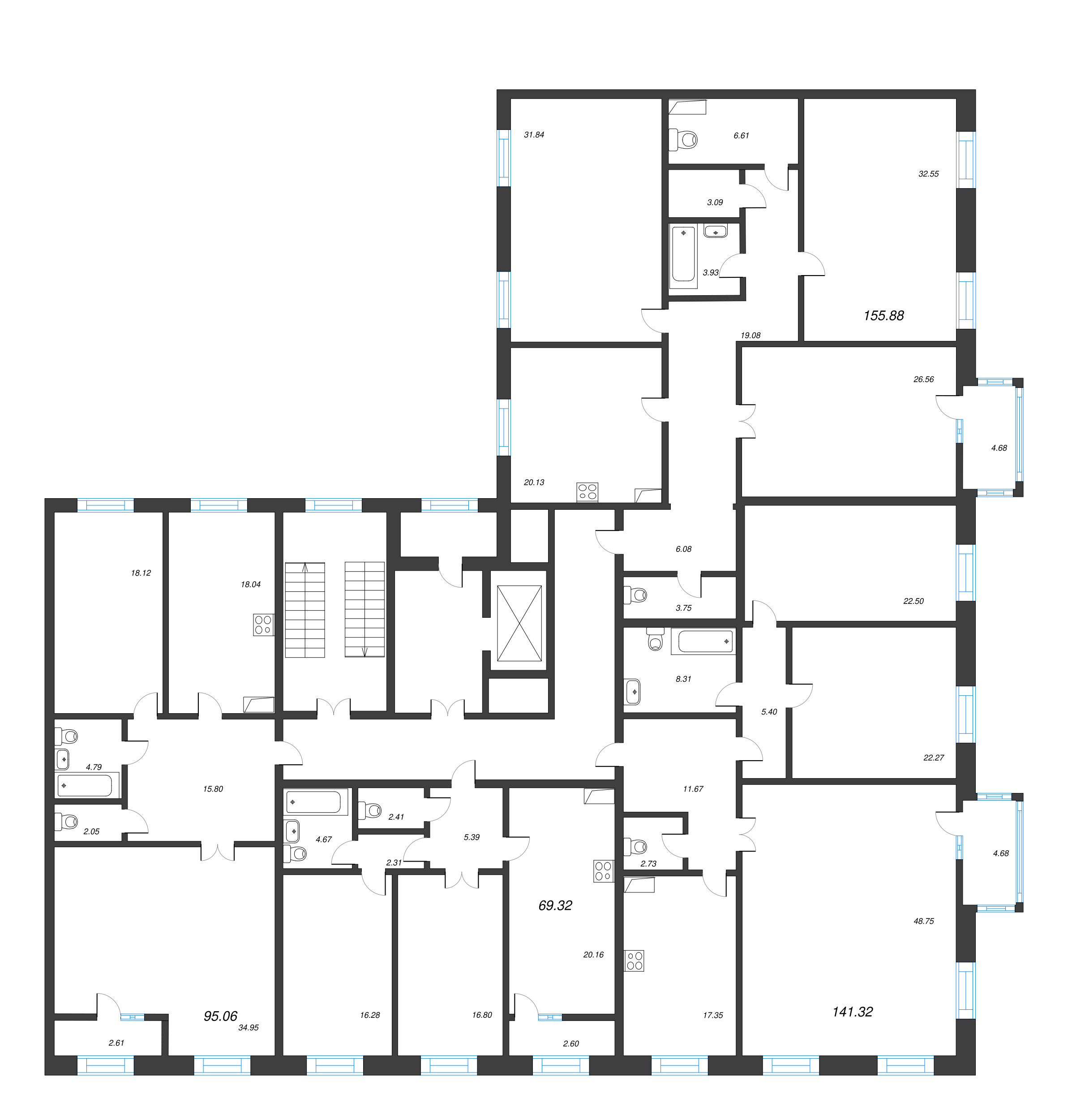 4-комнатная (Евро) квартира, 141.6 м² - планировка этажа