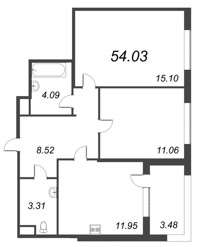 2-комнатная квартира, 54.03 м² - планировка, фото №1