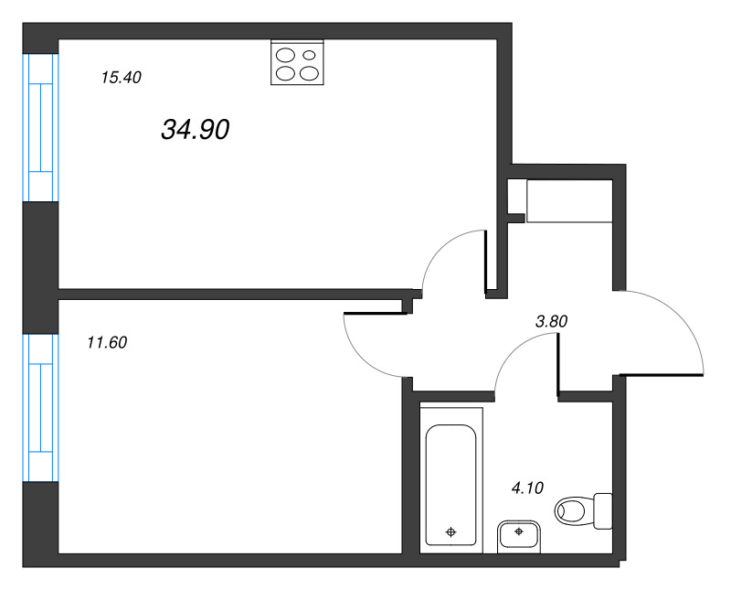 2-комнатная (Евро) квартира, 34.9 м² в ЖК "Парусная 1" - планировка, фото №1