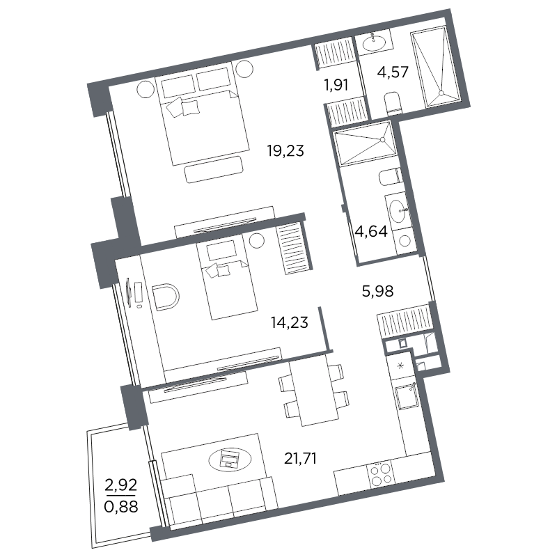 3-комнатная (Евро) квартира, 73.15 м² в ЖК "Акватория" - планировка, фото №1