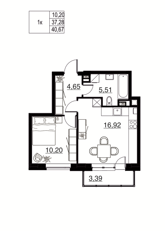 2-комнатная (Евро) квартира, 40.67 м² в ЖК "Соло. Петергоф" - планировка, фото №1