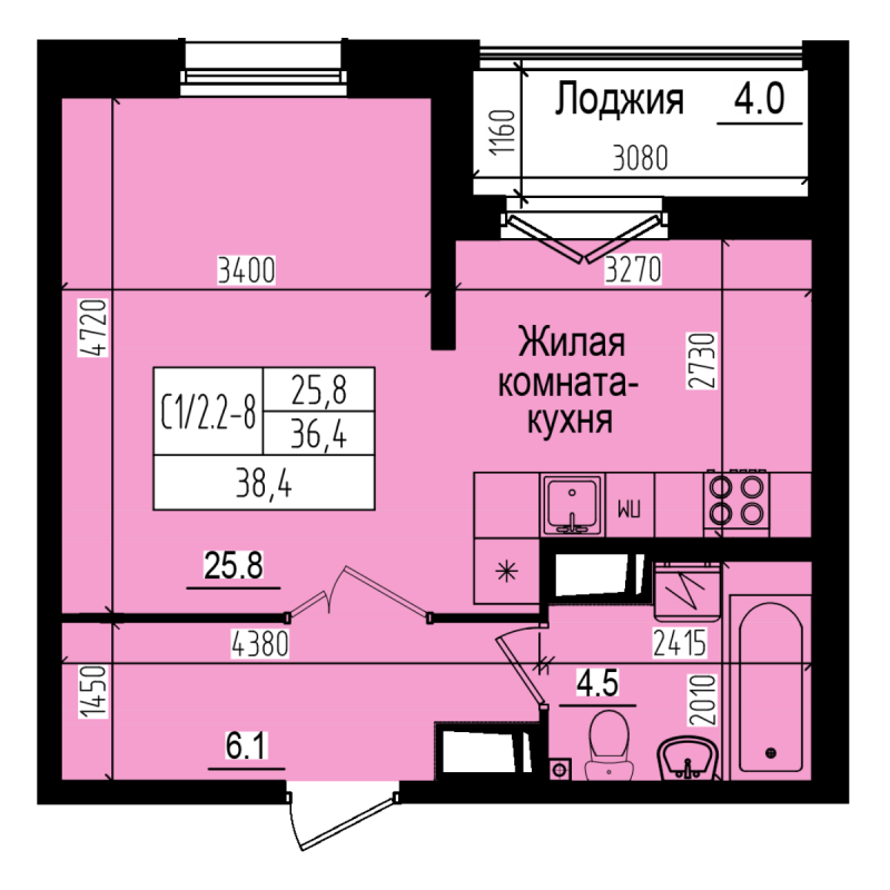 Квартира-студия, 38.4 м² - планировка, фото №1