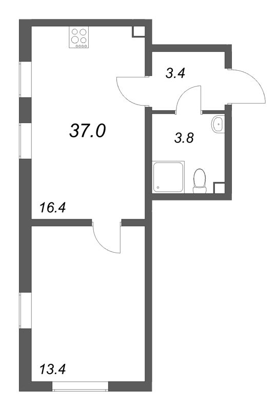 2-комнатная (Евро) квартира, 37 м² в ЖК "Октябрьская набережная" - планировка, фото №1