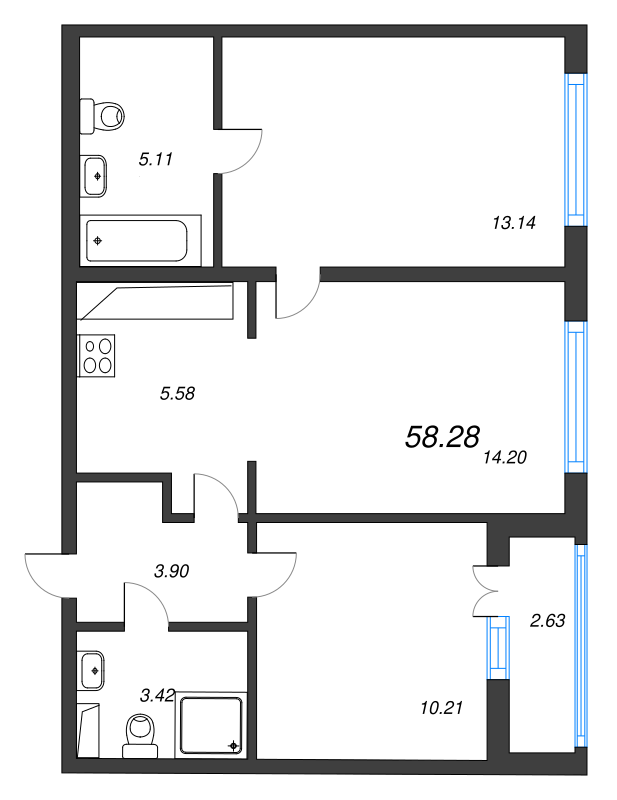 3-комнатная (Евро) квартира, 59.1 м² в ЖК "AEROCITY" - планировка, фото №1