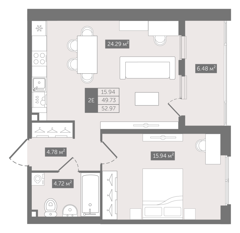 2-комнатная (Евро) квартира, 52.97 м² - планировка, фото №1