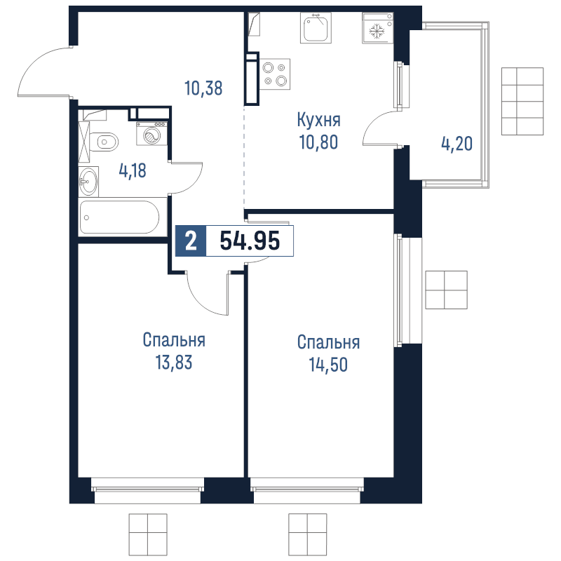 2-комнатная квартира, 54.95 м² в ЖК "Максималист" - планировка, фото №1