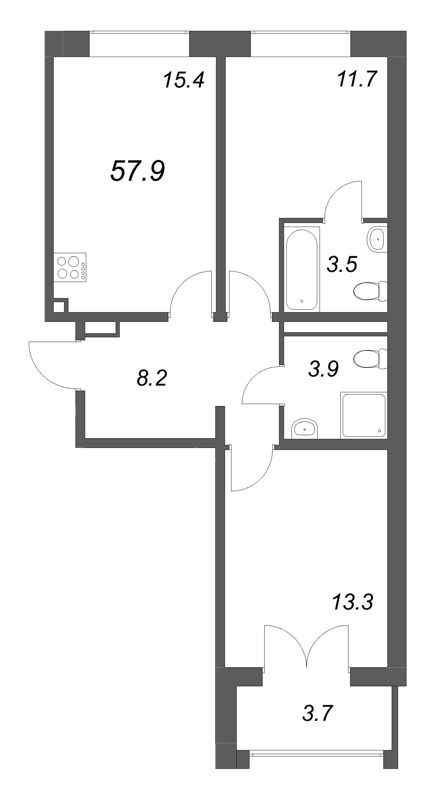 3-комнатная (Евро) квартира, 57.9 м² в ЖК "Пулково Лейк" - планировка, фото №1