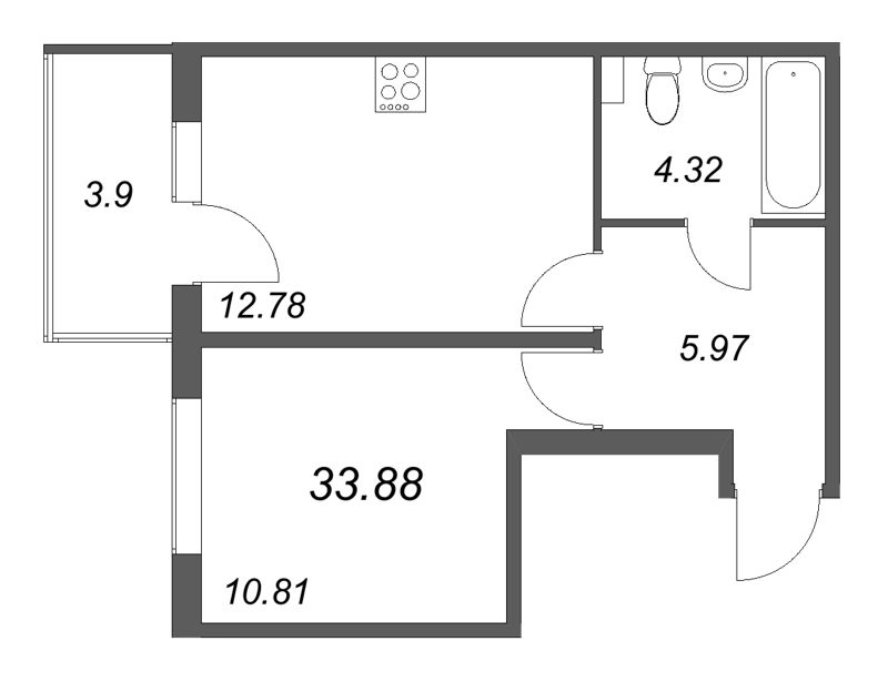 1-комнатная квартира, 33.88 м² в ЖК "Любоград" - планировка, фото №1