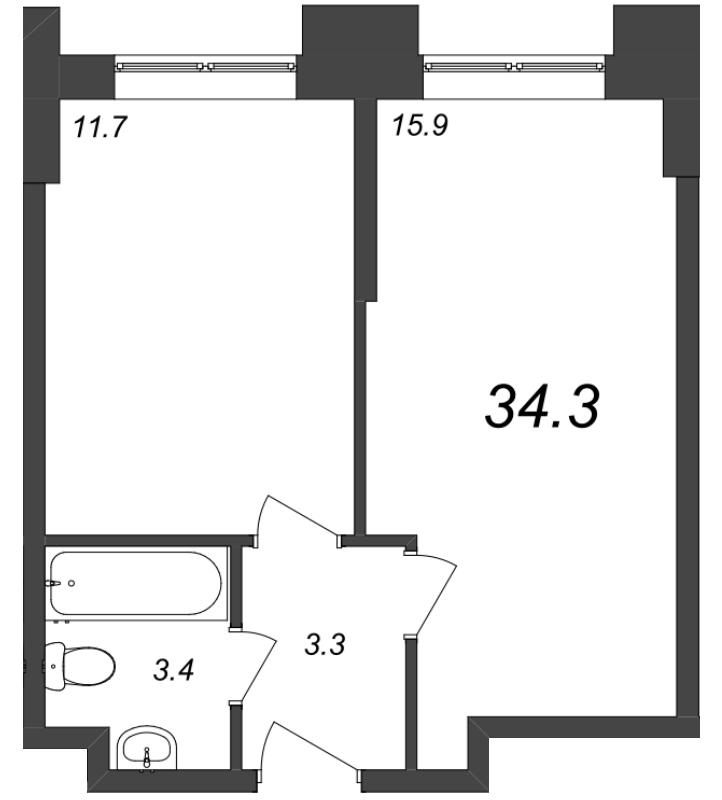 2-комнатная (Евро) квартира, 34.78 м² - планировка, фото №1