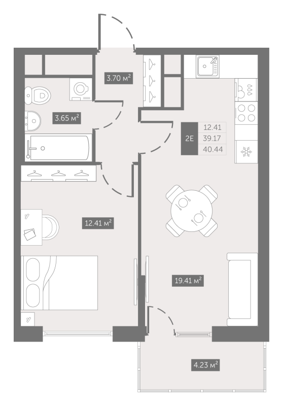 2-комнатная (Евро) квартира, 40.44 м² - планировка, фото №1
