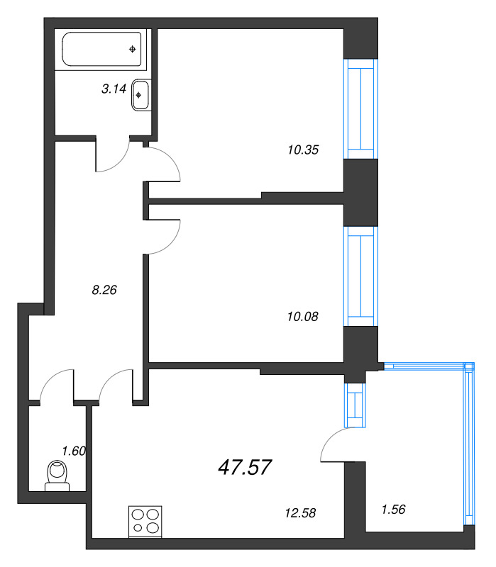 2-комнатная квартира, 47.57 м² - планировка, фото №1