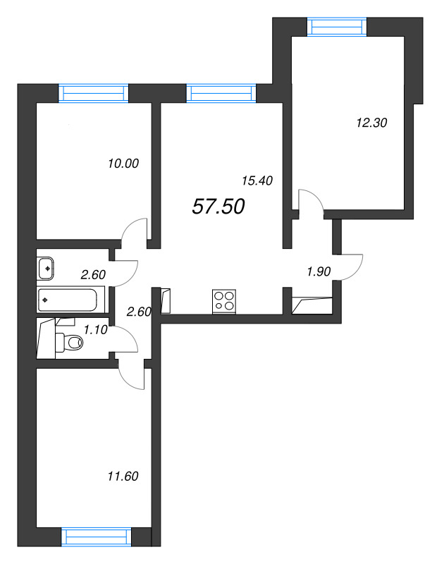 4-комнатная (Евро) квартира, 57.5 м² - планировка, фото №1