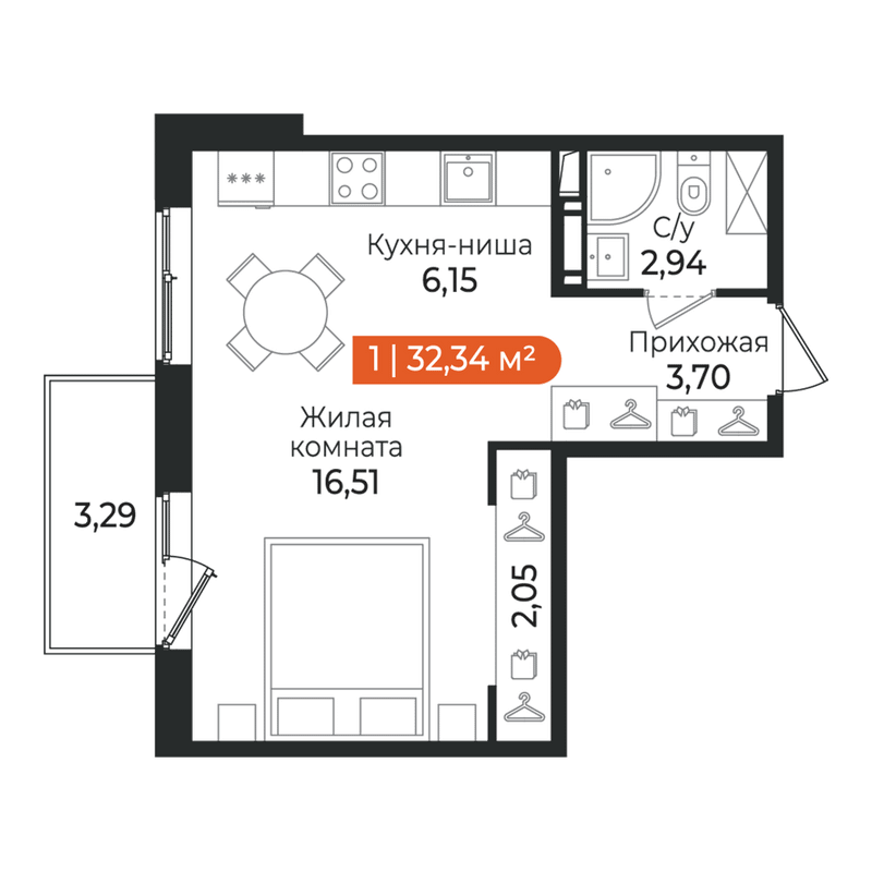 Квартира-студия, 32.34 м² в ЖК "Алгоритм Квинта" - планировка, фото №1