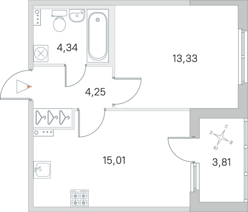 2-комнатная (Евро) квартира, 36.93 м² в ЖК "Любоград" - планировка, фото №1