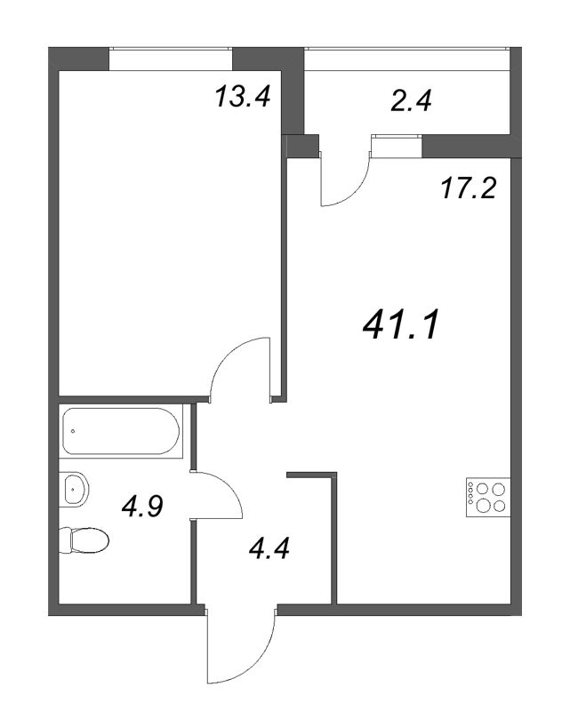 2-комнатная (Евро) квартира, 41.4 м² в ЖК "Дзета" - планировка, фото №1