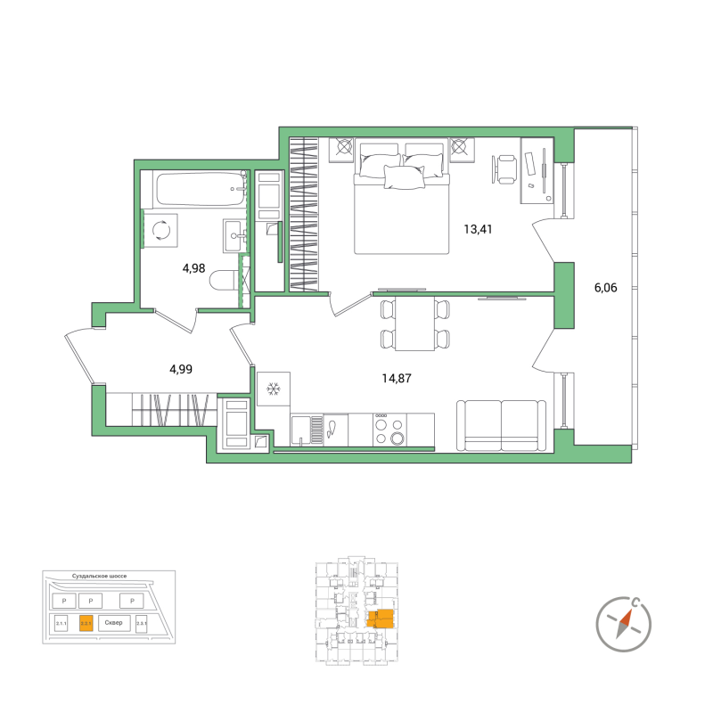 1-комнатная квартира, 41.28 м² в ЖК "OKLA" - планировка, фото №1
