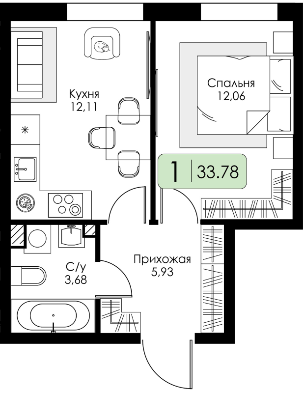 1-комнатная квартира, 33.78 м² в ЖК "Всевгород" - планировка, фото №1