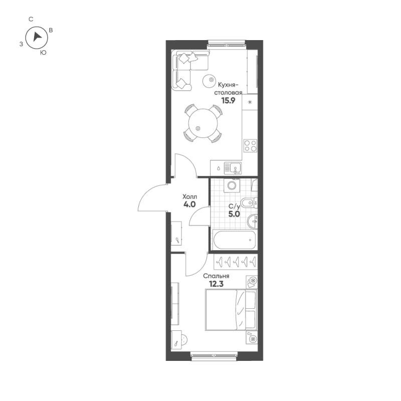 2-комнатная (Евро) квартира, 37.2 м² в ЖК "Клюква.Парк" - планировка, фото №1