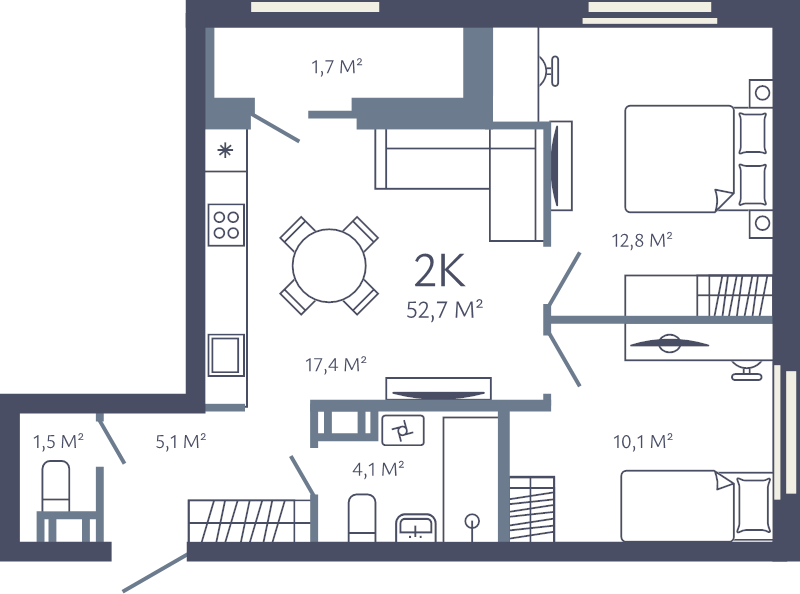 3-комнатная (Евро) квартира, 52.7 м² в ЖК "Лендлер" - планировка, фото №1