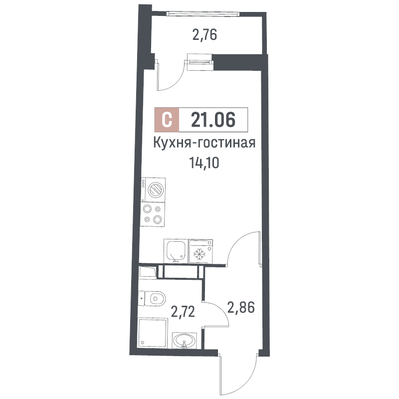 Квартира-студия, 21.06 м² - планировка, фото №1