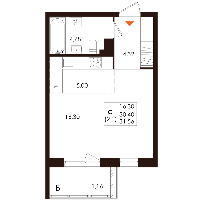 Квартира-студия, 31.56 м² - планировка, фото №1