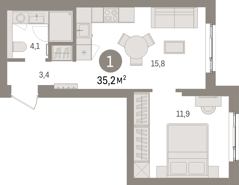 2-комнатная (Евро) квартира, 35.2 м² в ЖК "Брусника в Новоселье" - планировка, фото №1