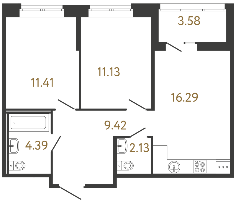 3-комнатная (Евро) квартира, 54.77 м² в ЖК "Ultra City 3.0" - планировка, фото №1