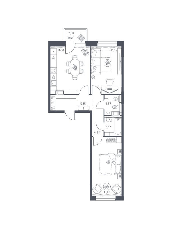 3-комнатная (Евро) квартира, 61.54 м² - планировка, фото №1