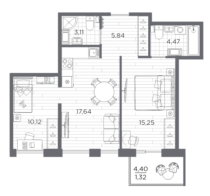 3-комнатная (Евро) квартира, 57.75 м² в ЖК "Сезоны" - планировка, фото №1