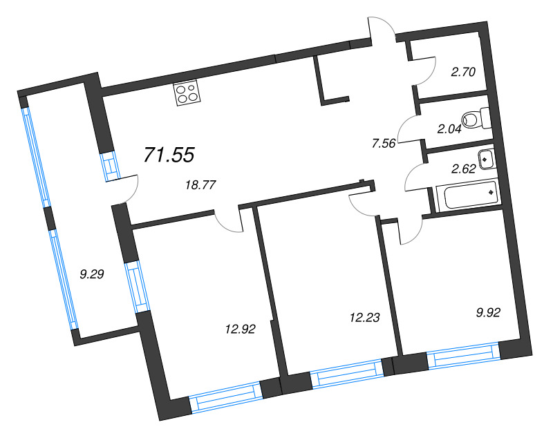 4-комнатная (Евро) квартира, 71.55 м² в ЖК "Аквилон РИВА" - планировка, фото №1