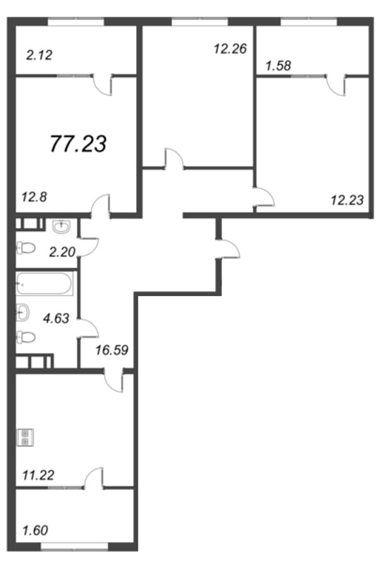 3-комнатная квартира, 77.23 м² в ЖК "Pixel" - планировка, фото №1