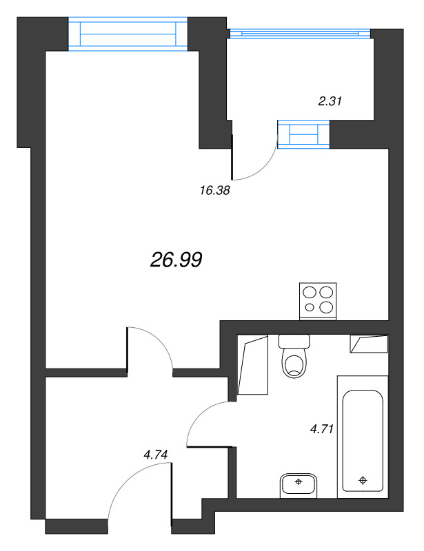 Квартира-студия, 26.99 м² - планировка, фото №1