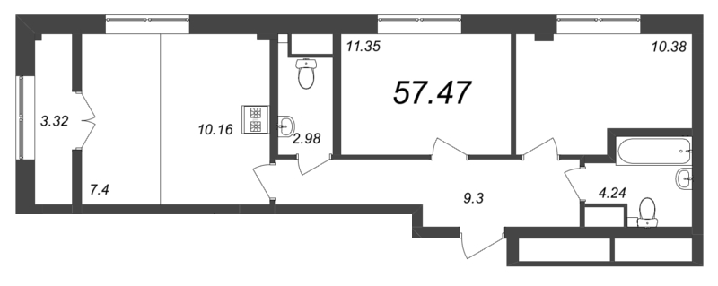 3-комнатная (Евро) квартира, 57.47 м² в ЖК "Neva Residence" - планировка, фото №1