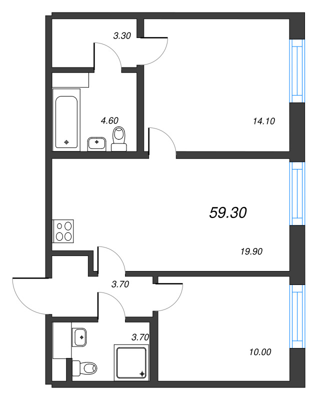 3-комнатная (Евро) квартира, 59.3 м² в ЖК "Парусная 1" - планировка, фото №1