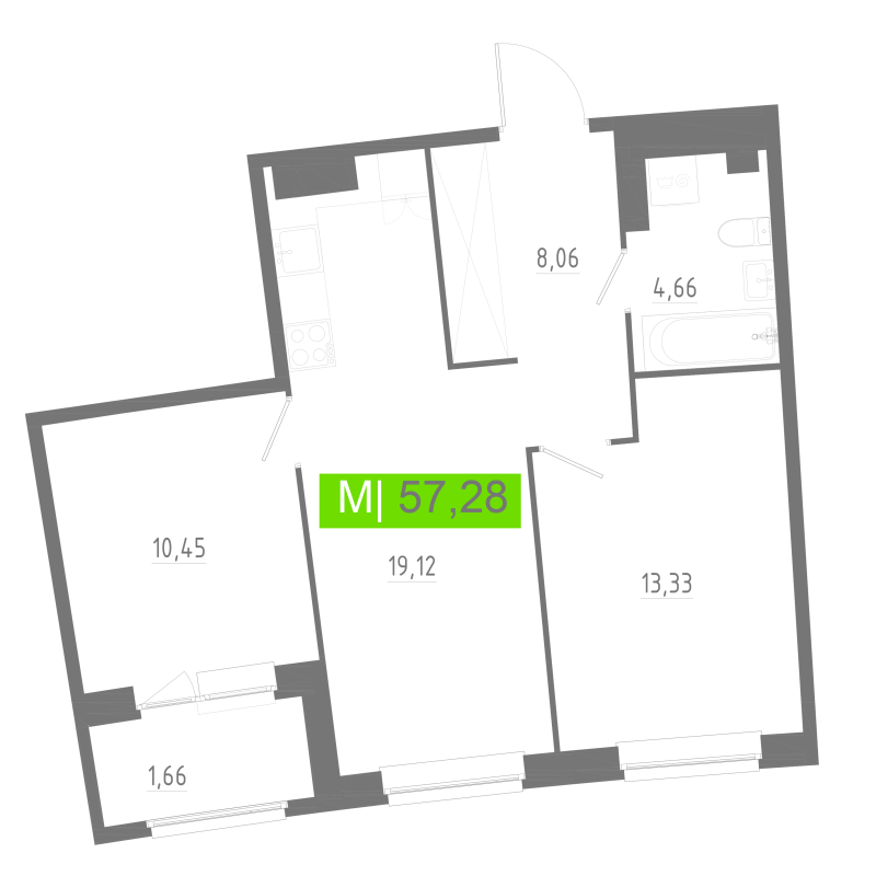 3-комнатная (Евро) квартира, 57.28 м² в ЖК "Аквилон РИВА" - планировка, фото №1