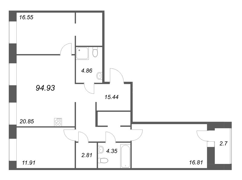 4-комнатная (Евро) квартира, 94.93 м² - планировка, фото №1