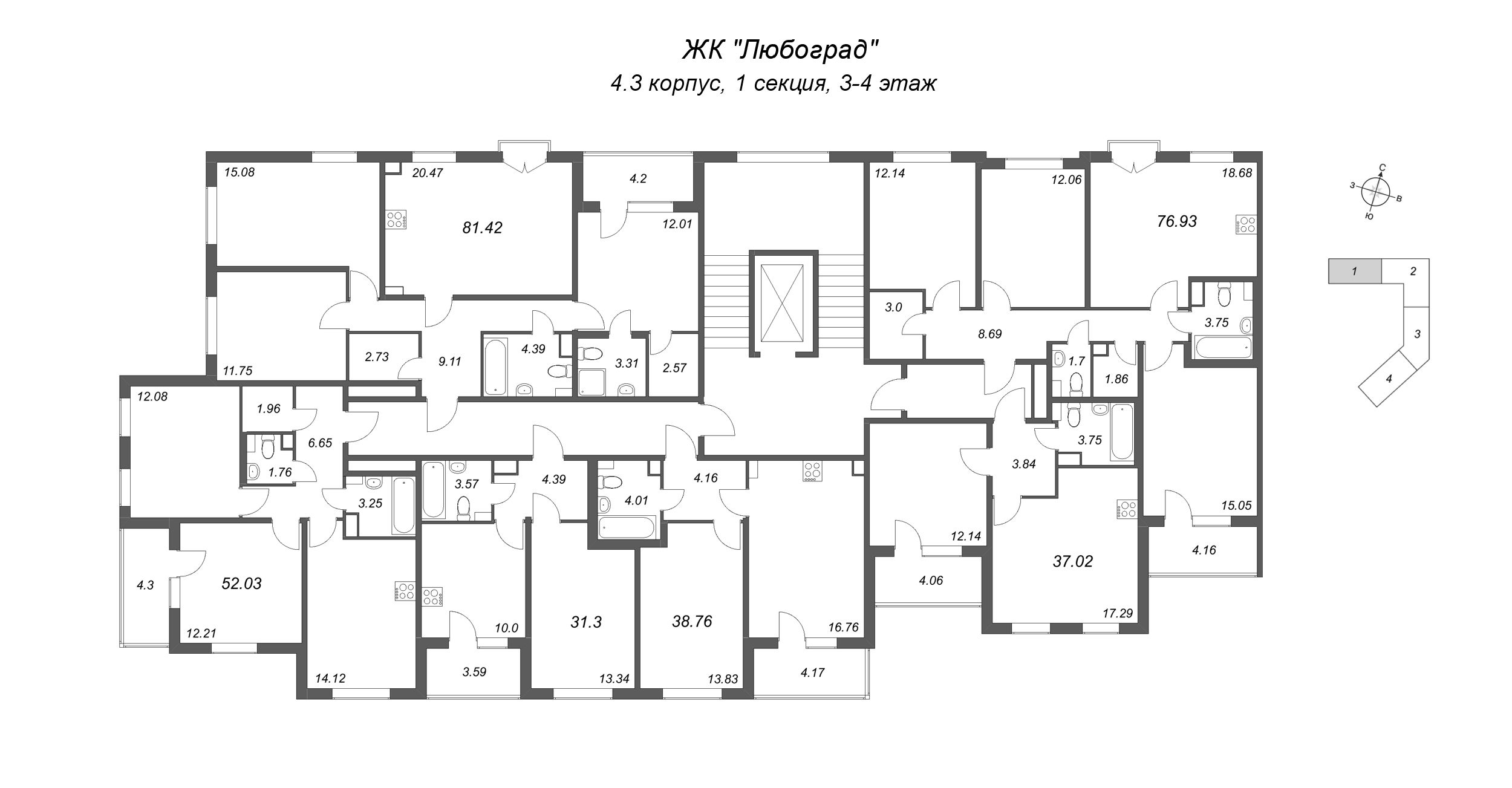 1-комнатная квартира, 31.3 м² в ЖК "Любоград" - планировка этажа