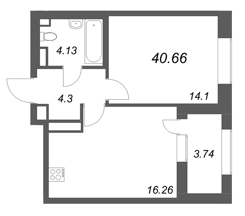 2-комнатная (Евро) квартира, 40.66 м² в ЖК "Аквилон Солар" - планировка, фото №1