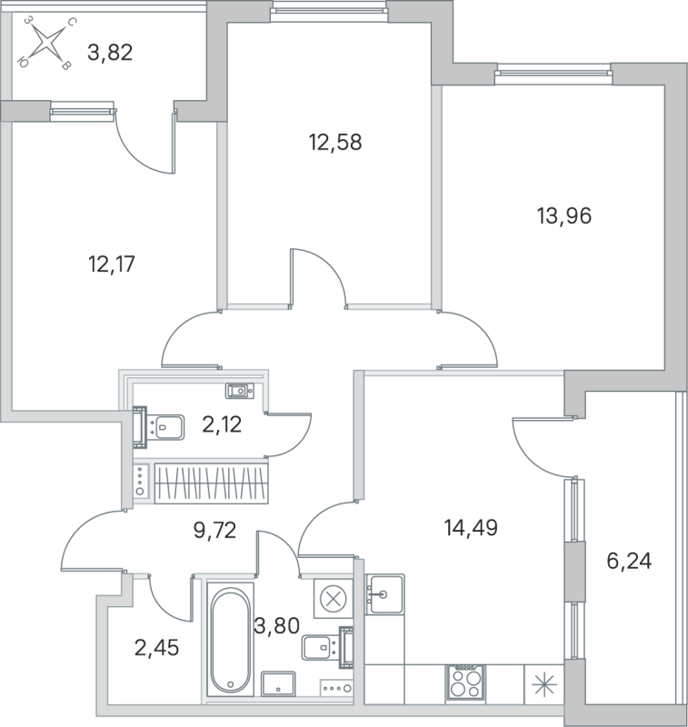 3-комнатная квартира, 71.29 м² в ЖК "Любоград" - планировка, фото №1