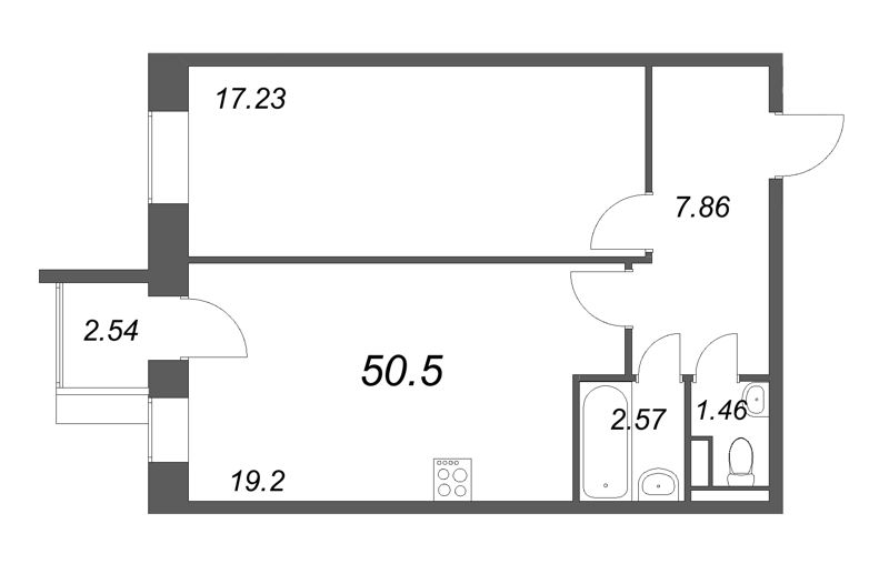 2-комнатная (Евро) квартира, 50.5 м² - планировка, фото №1