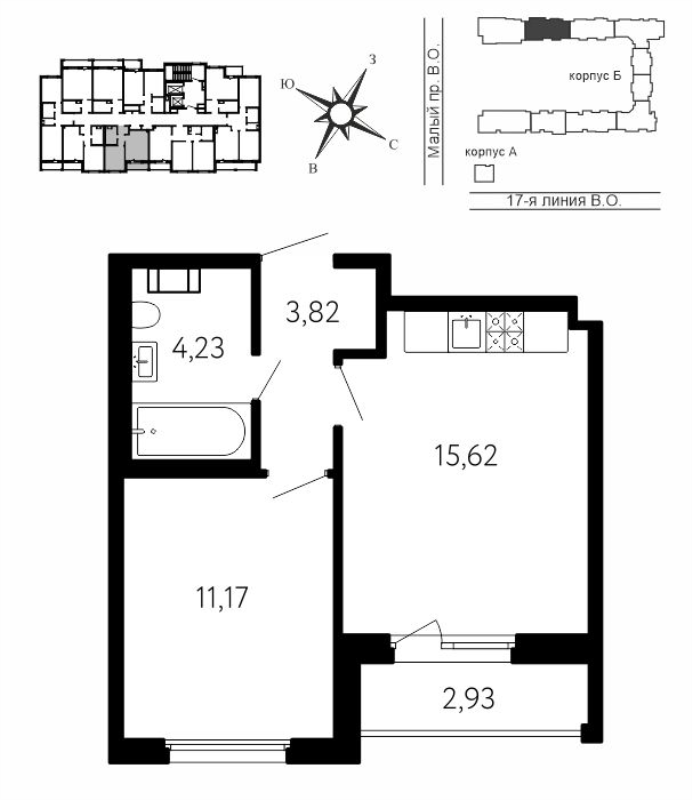 2-комнатная (Евро) квартира, 36.31 м² в ЖК "17-я линия" - планировка, фото №1