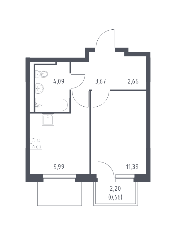 1-комнатная квартира, 32.46 м² - планировка, фото №1