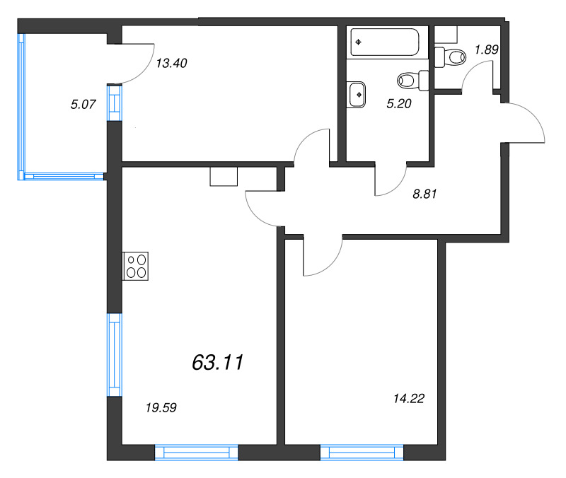3-комнатная (Евро) квартира, 63.11 м² в ЖК "Любоград" - планировка, фото №1